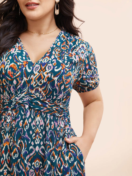 Bandana Print V Neck Shirred Gathered Dress