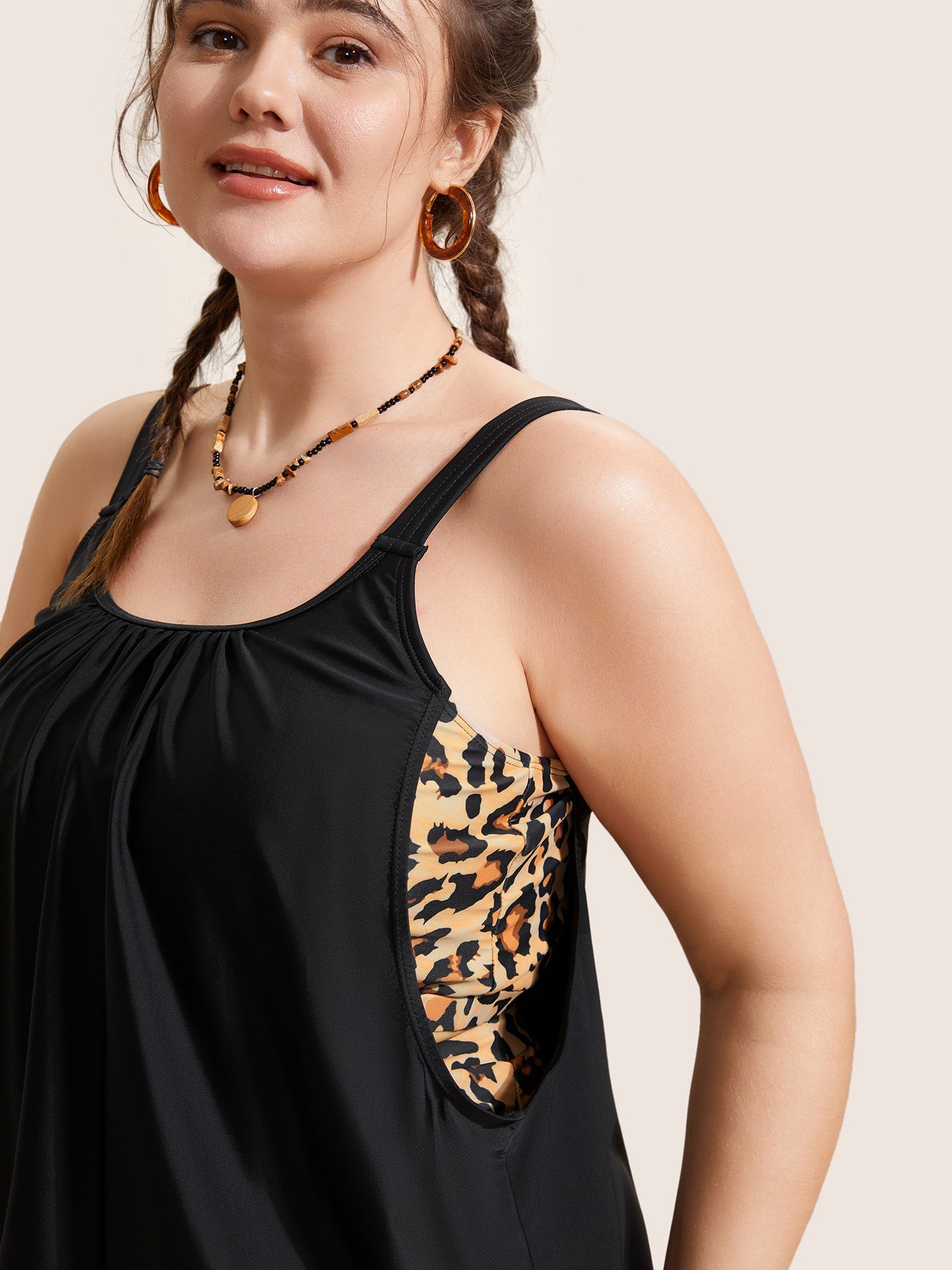 Patchwork Leopard Print Gathered Swim Top