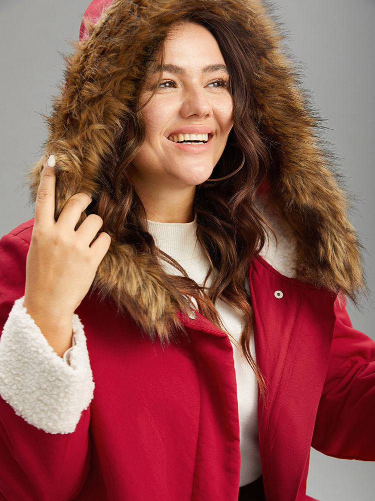 Patchwork Fuzzy Trim Pocket Hooded Jacket