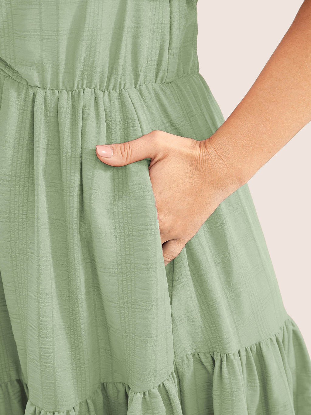 Plain Ruched Drawstring Pocket Ruffle Tiered Dress