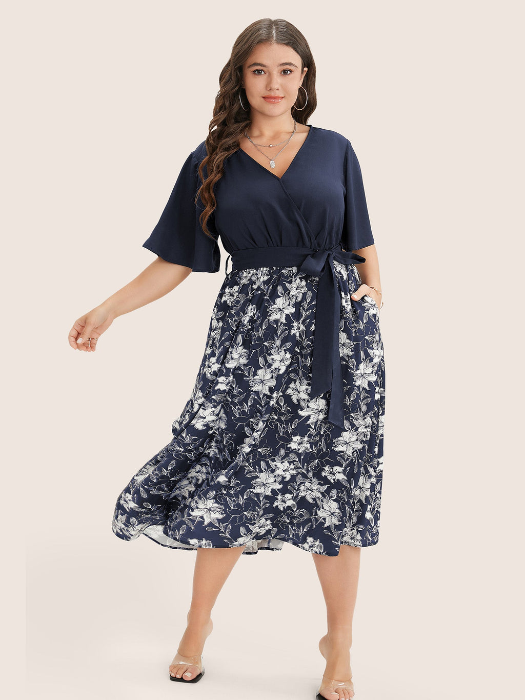 Floral Patchwork Pocket Belt Surplice Neck Ruffle Hem Dress