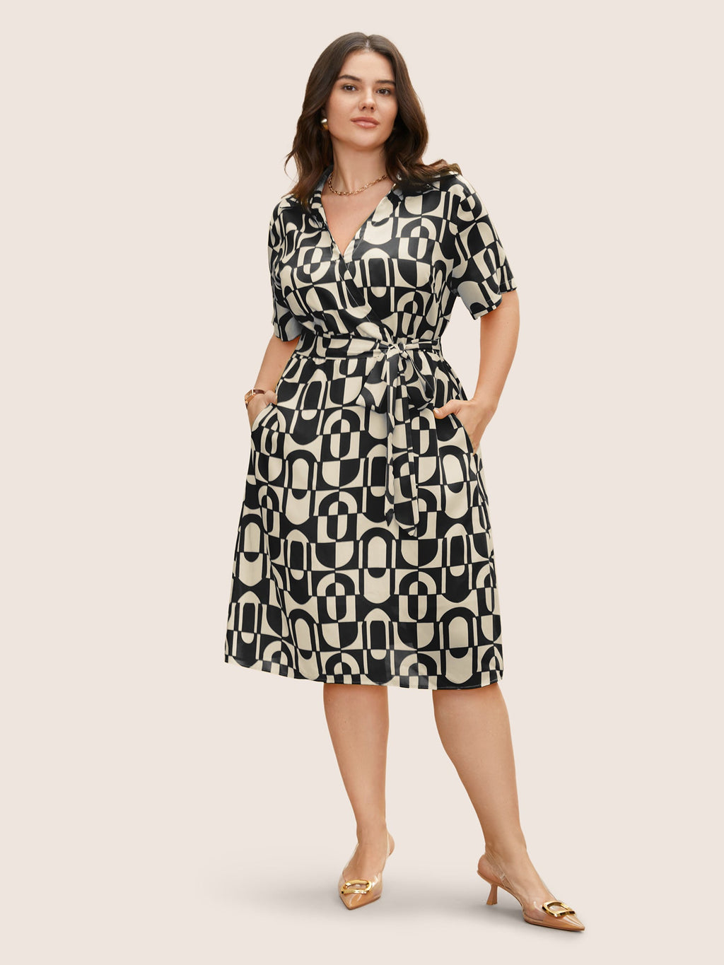 Overlap Collar Geometric Belted Midi Dress