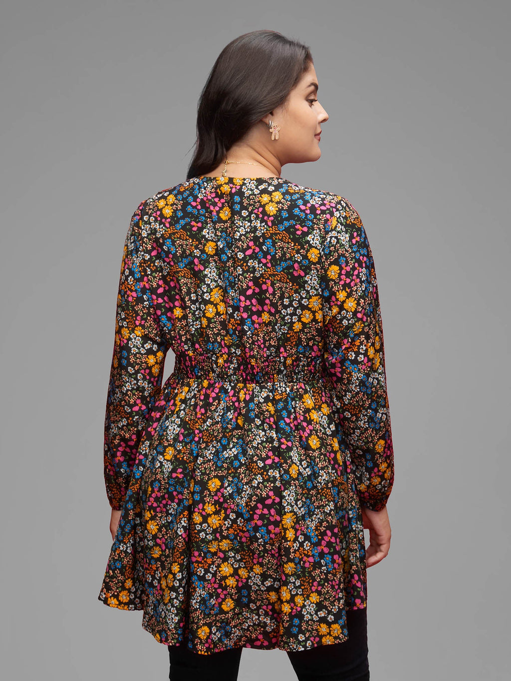 Floral Smocked Waistline Surplice Neck Blouse