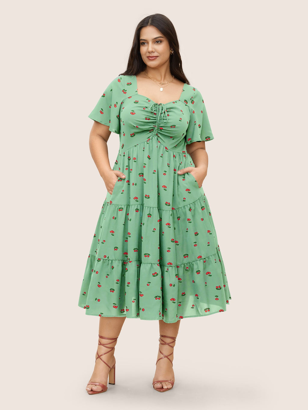 Citrus Fruit Print Heart Neckline Drawstring Pleated Dress