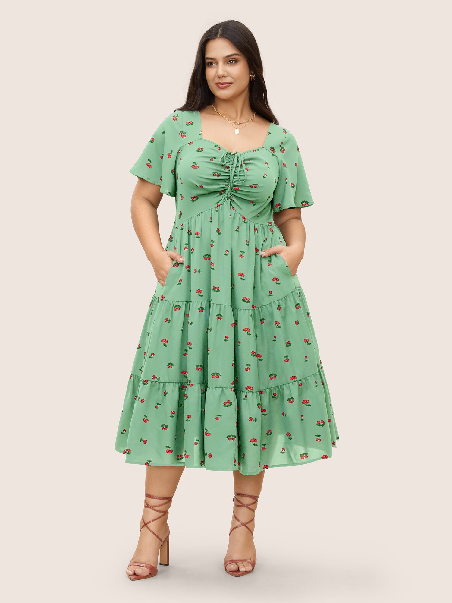 Citrus Fruit Print Heart Neckline Drawstring Pleated Dress