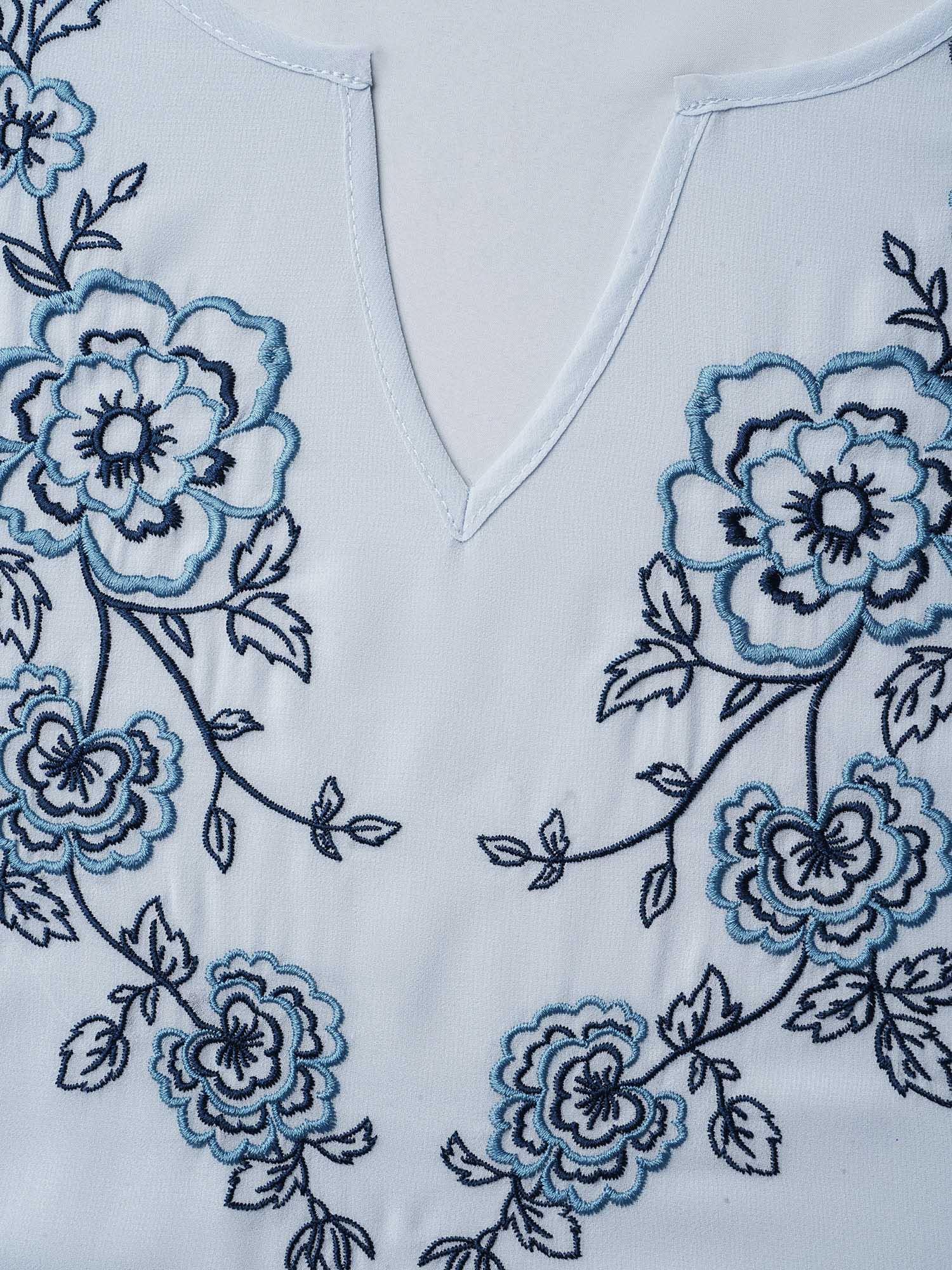 Chiffon Embroidery Puff Sleeve Pleated Shirt