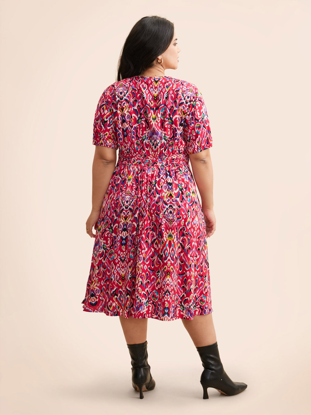 Bandana Print V Neck Shirred Gathered Dress