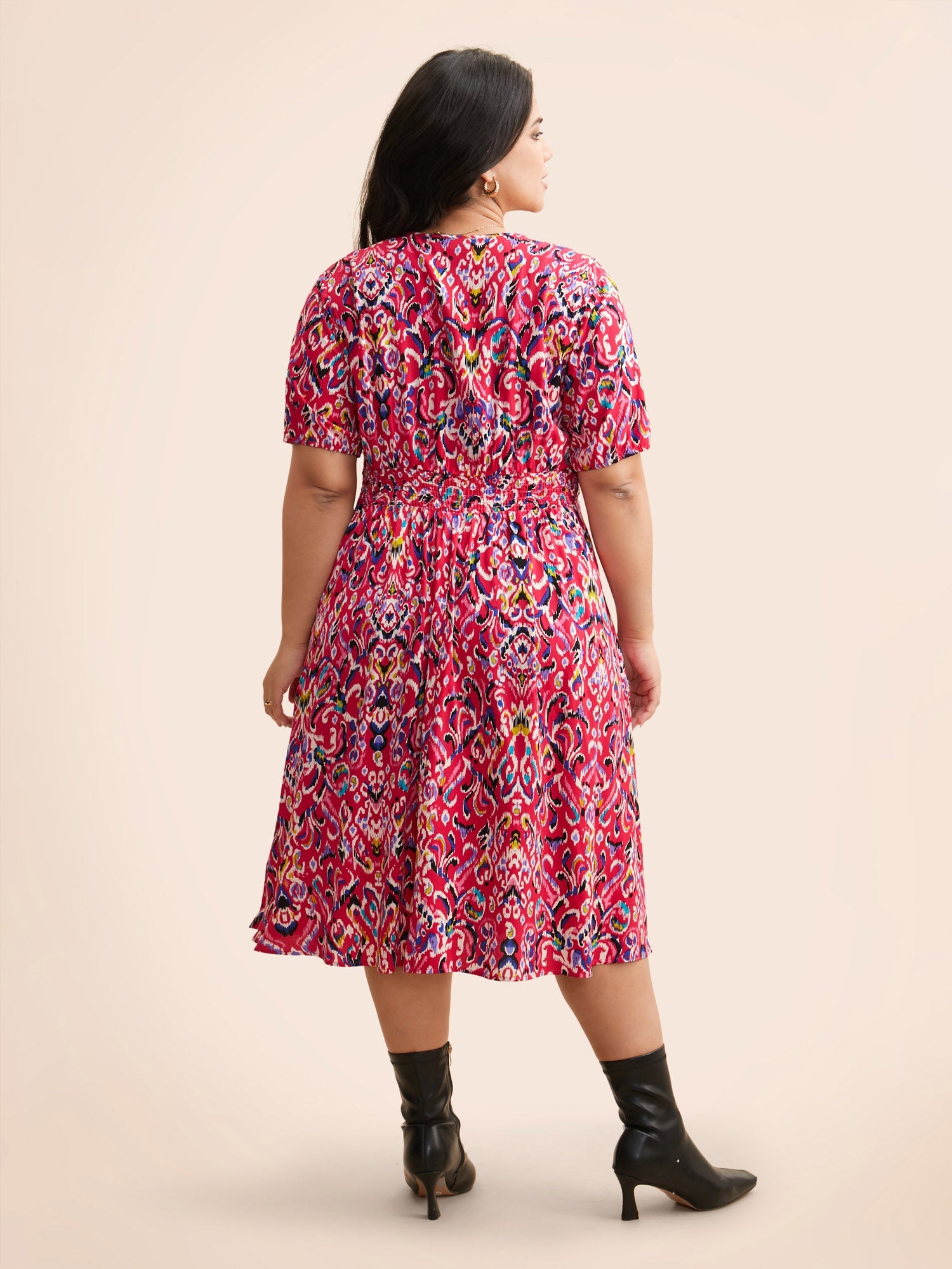 Bandana Print V Neck Shirred Gathered Dress