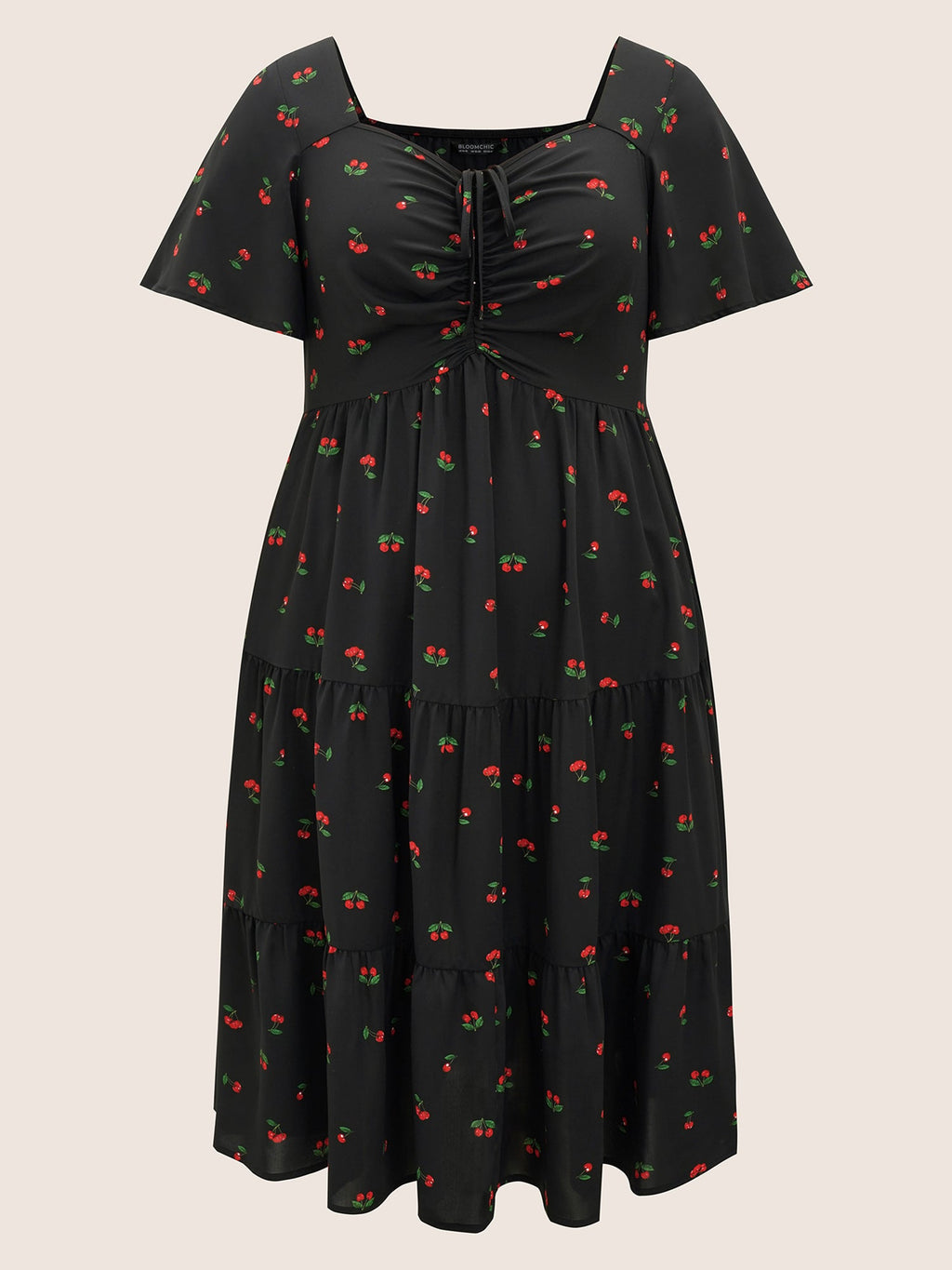 Citrus Fruit Print Heart Neckline Drawstring Pleated Dress