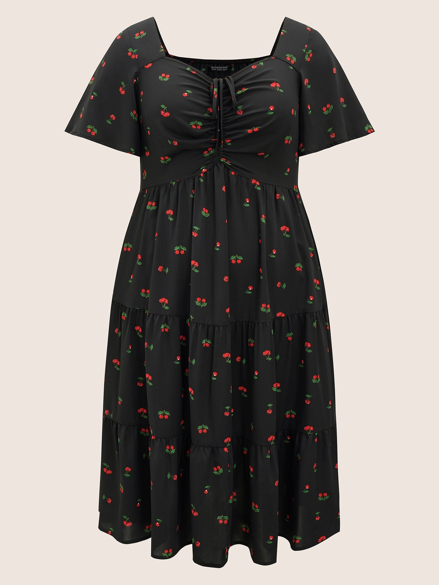 Citrus Fruit Print Heart Neckline Drawstring Pleated Dress