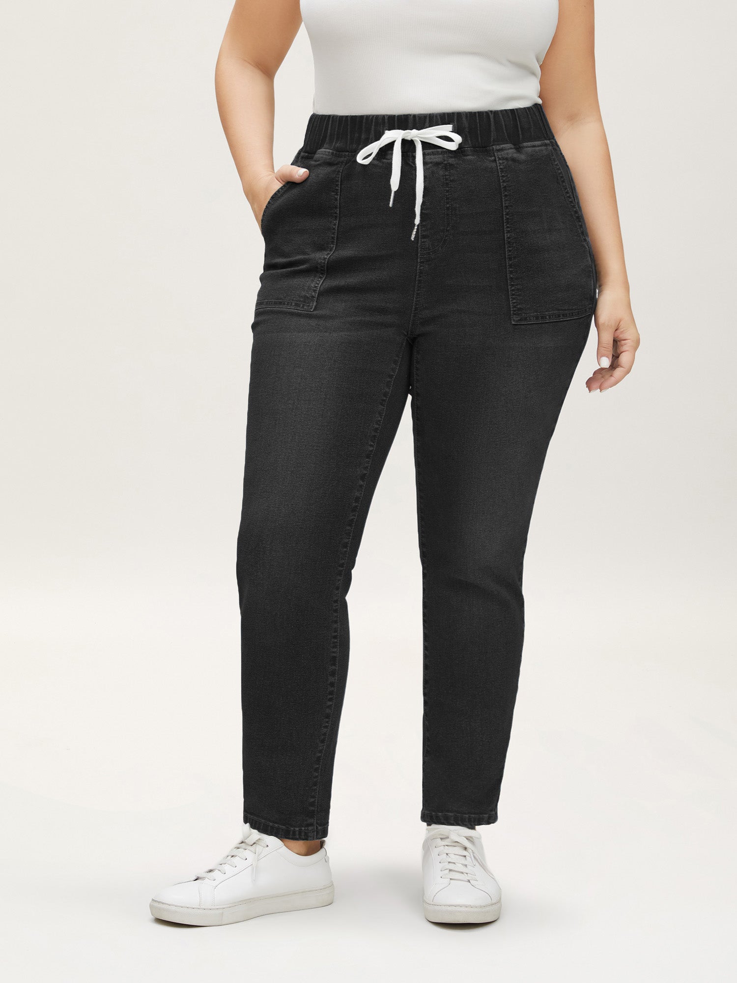 Drawstring Elastic Waist Roll Hem Jeans