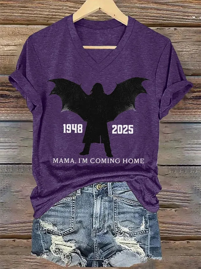 V-Neck Retro Rip Prince Of Darkness Mama,I'm Coming Home  1948–2025 Bat Wing Print T-Shirt