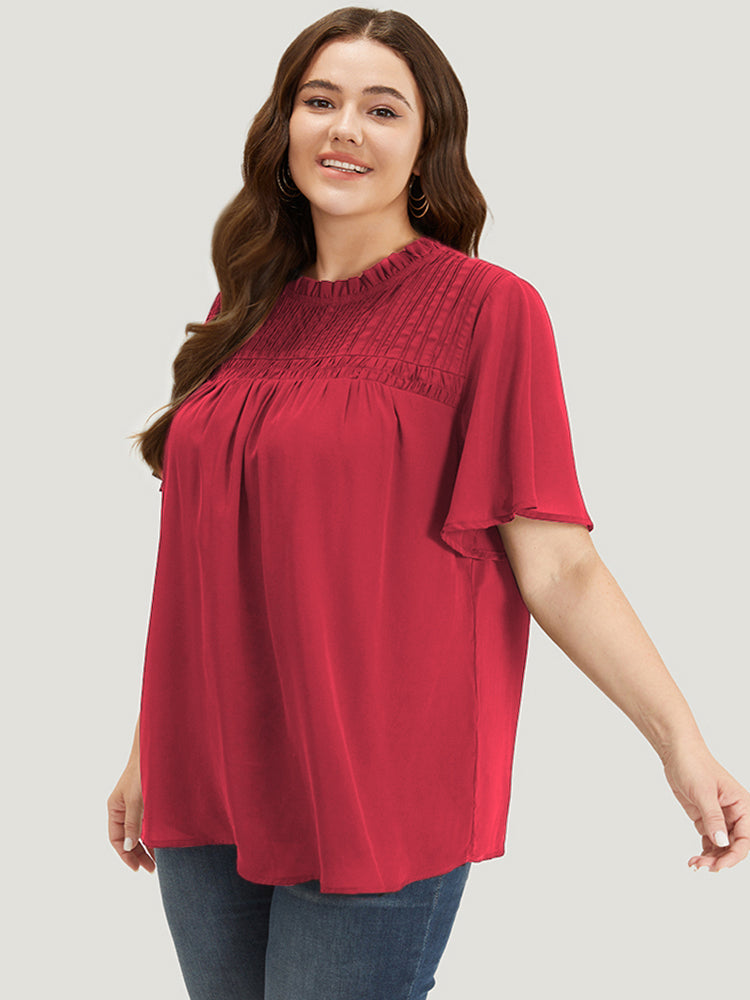 Anti-Wrinkle Shirred Ruffle Sleeve Mesh Frill Trim Blouse