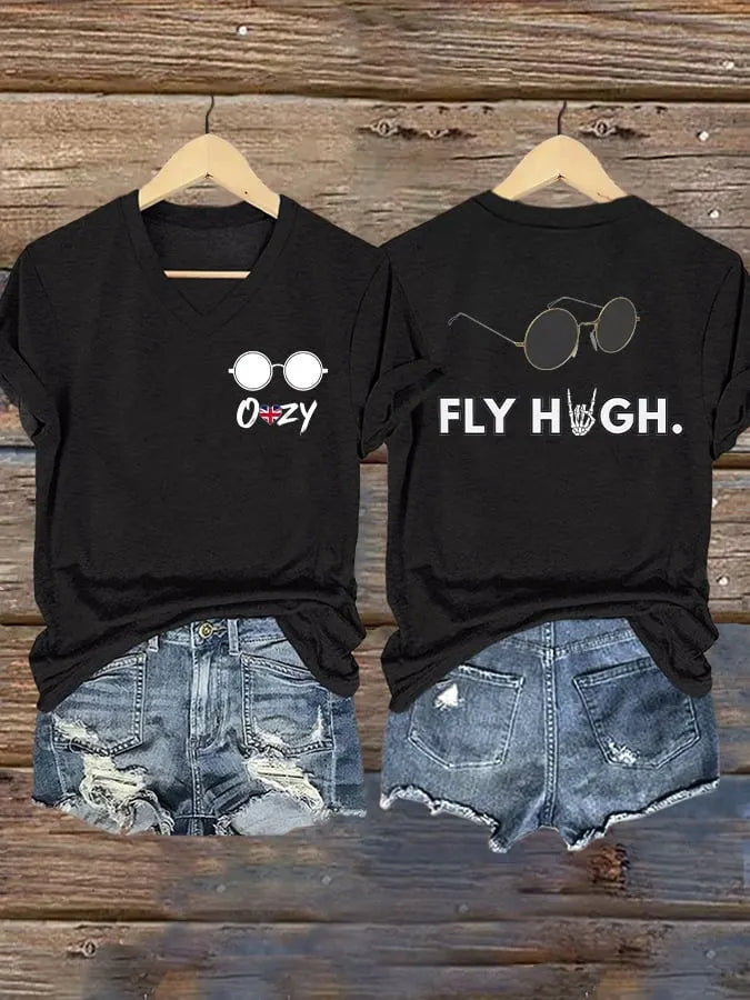 V-Neck Retro Rip Prince Of Darkness Fly High Print T-Shirt