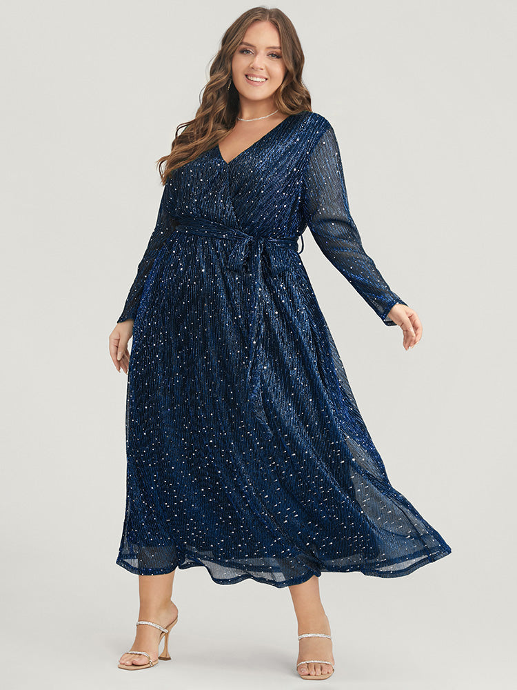 Solid Pocket Wrap Belted Sequin Mesh Maxi Dress