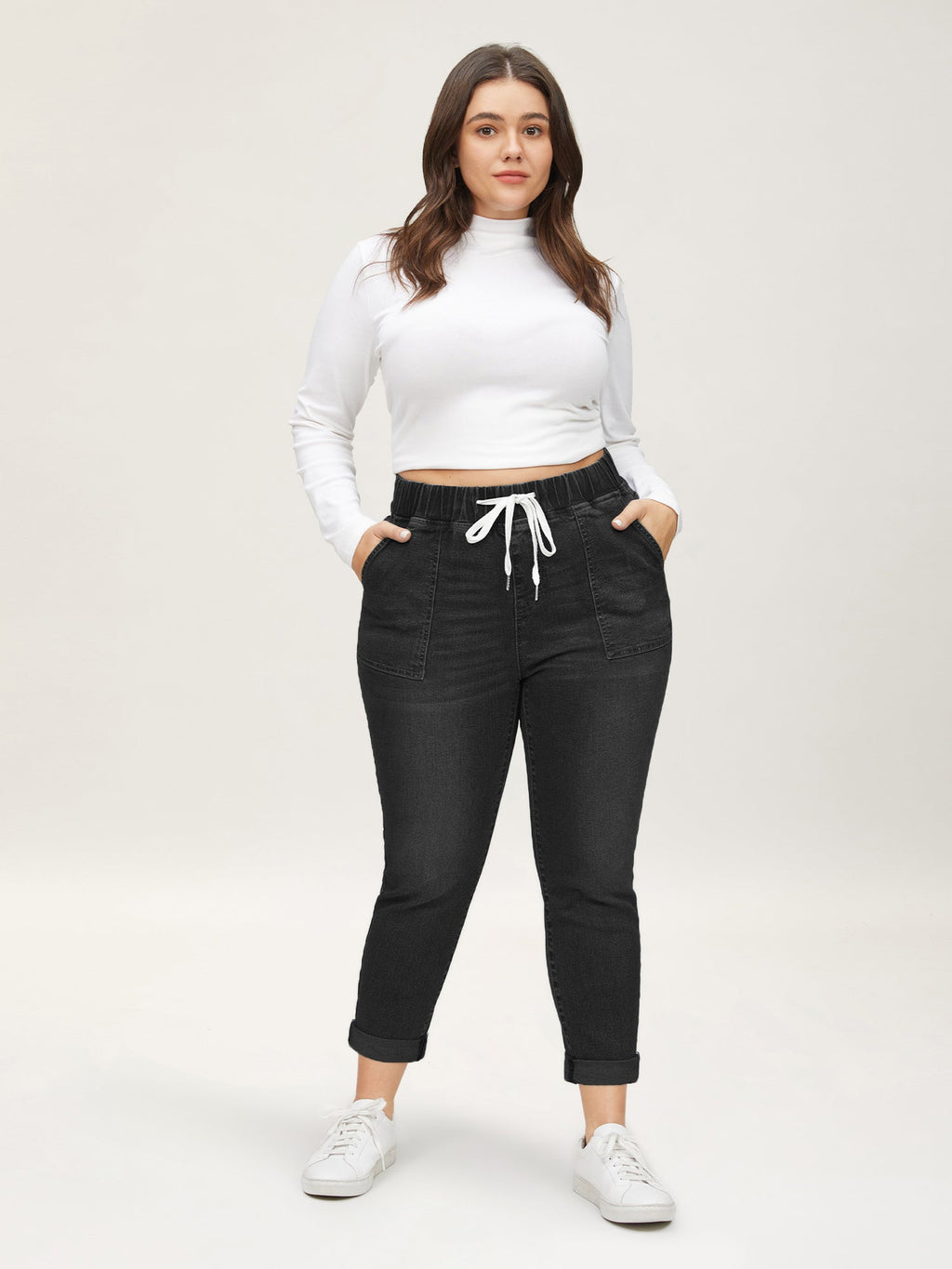 Drawstring Elastic Waist Roll Hem Jeans
