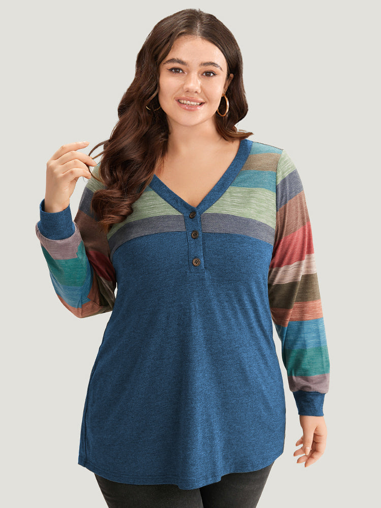 Colorblock Contrast V Neck Button Up T-shirt