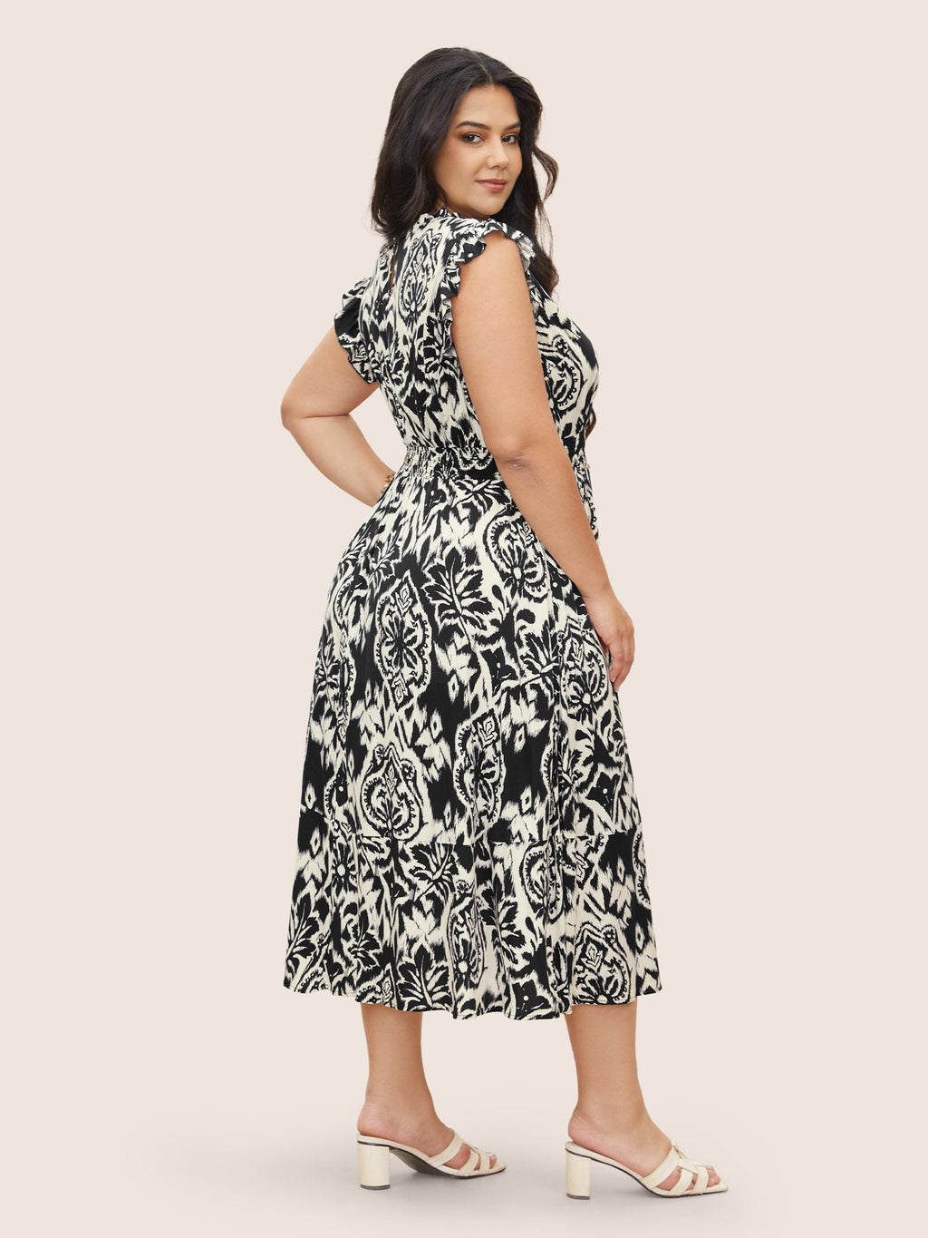 Boho Print Mock Neck Shirred Ruffle Cap Sleeve Dress