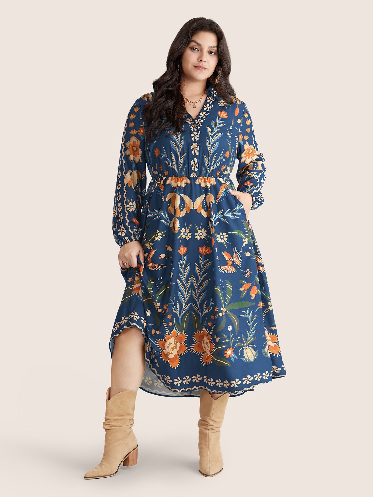 Bandana Print Pocket Lapel Collar Elastic Cuffs Dress