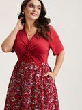 Twist-Front V-Neck Stretchy Waist Midi Dress