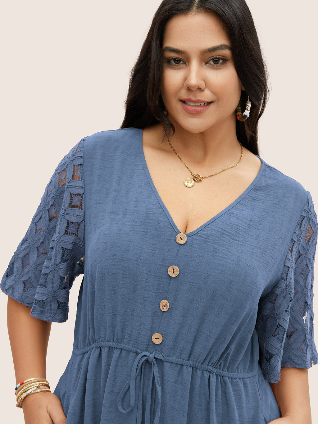 Crochet Lace Mesh Button Detail Drawstring Dress