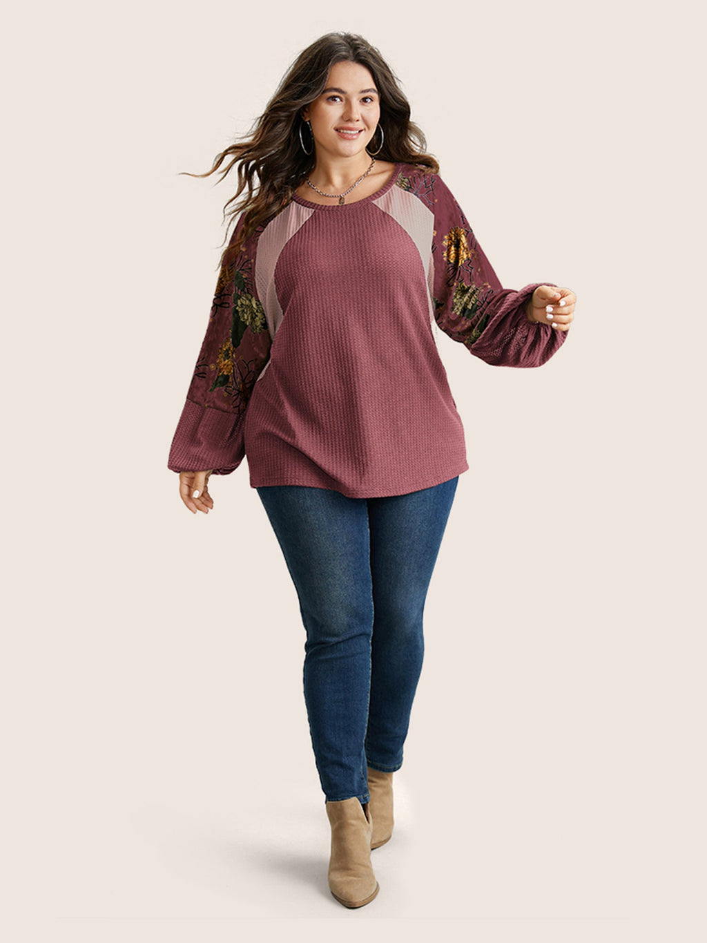 Waffle Knit Patchwork Floral Print T-shirt