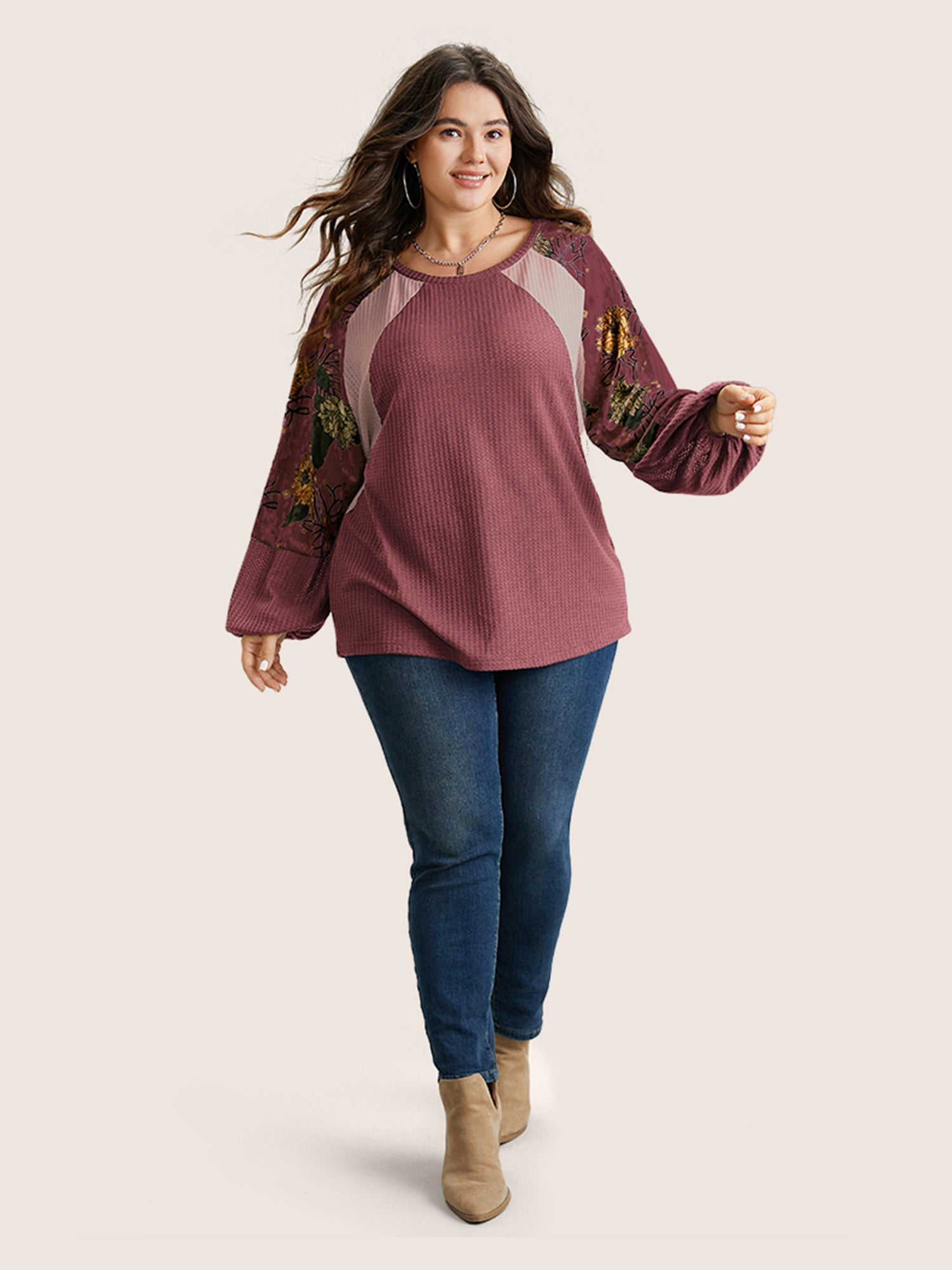 Waffle Knit Patchwork Floral Print T-shirt