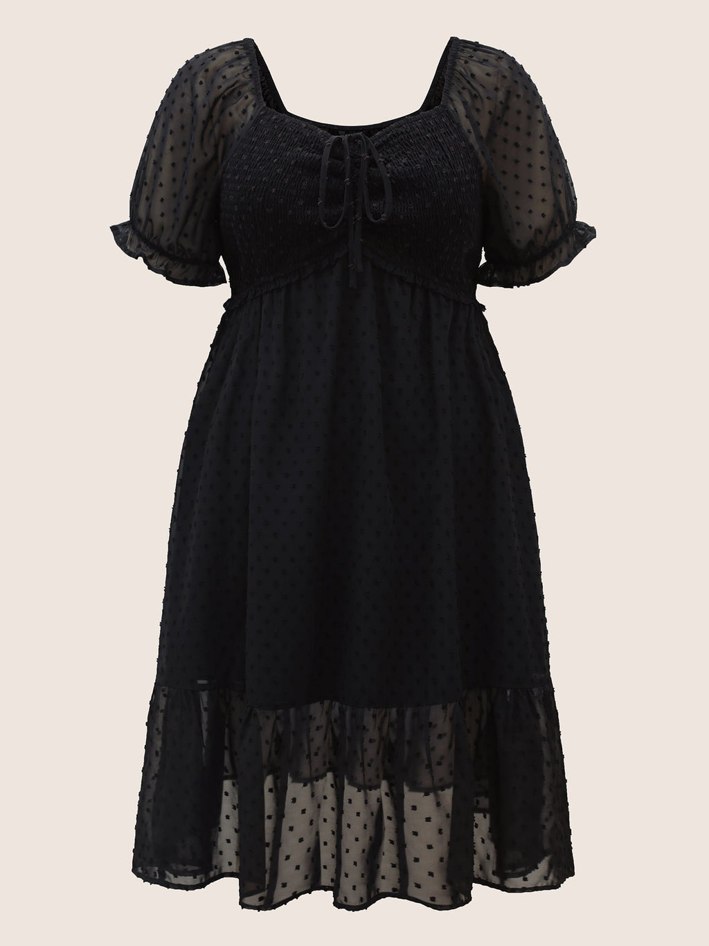 Polka Dot Textured Mesh Shirred Drawstring Dress