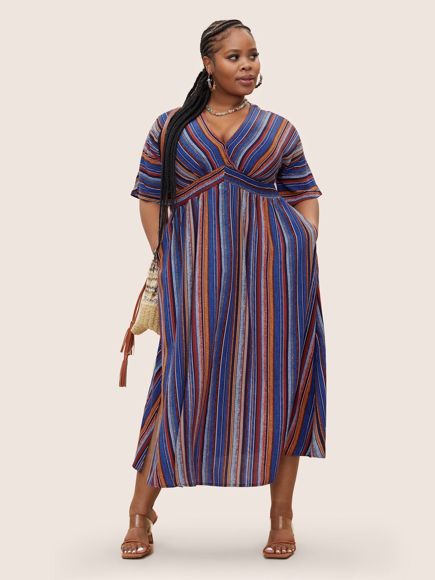 Striped Contrast Dolman Sleeve Shirred Pocket Split Flutter Dress
