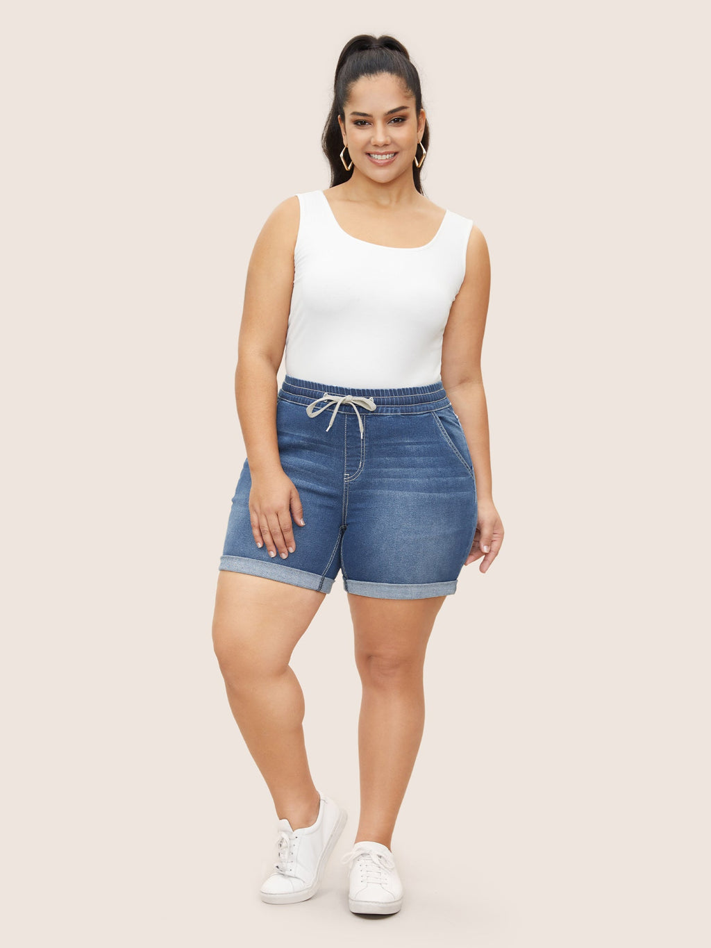 Roll Hem Elastic Waist Drawstring Denim Shorts