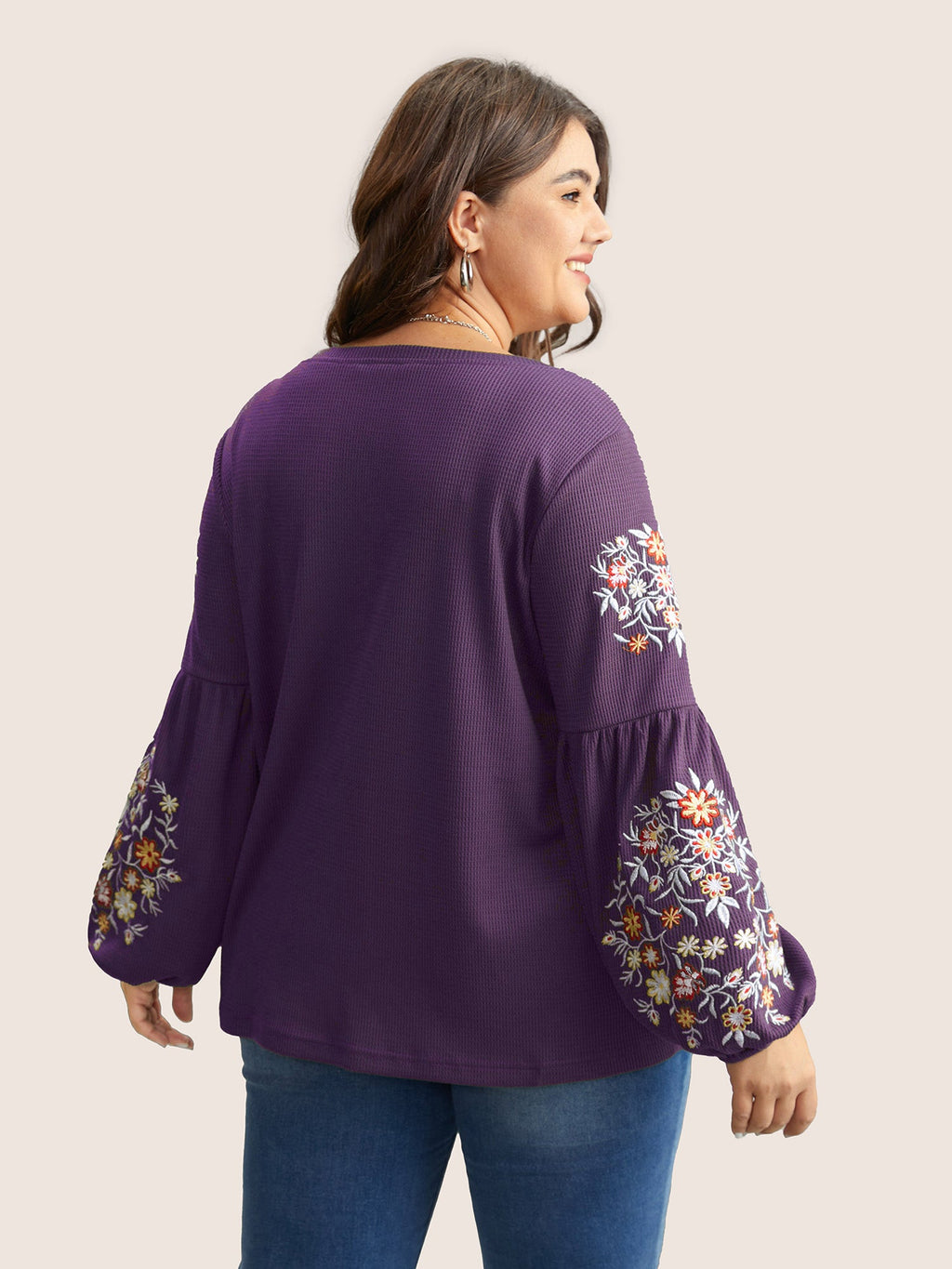 Waffle Knit Floral Embroidered Lantern Sleeve T-shirt