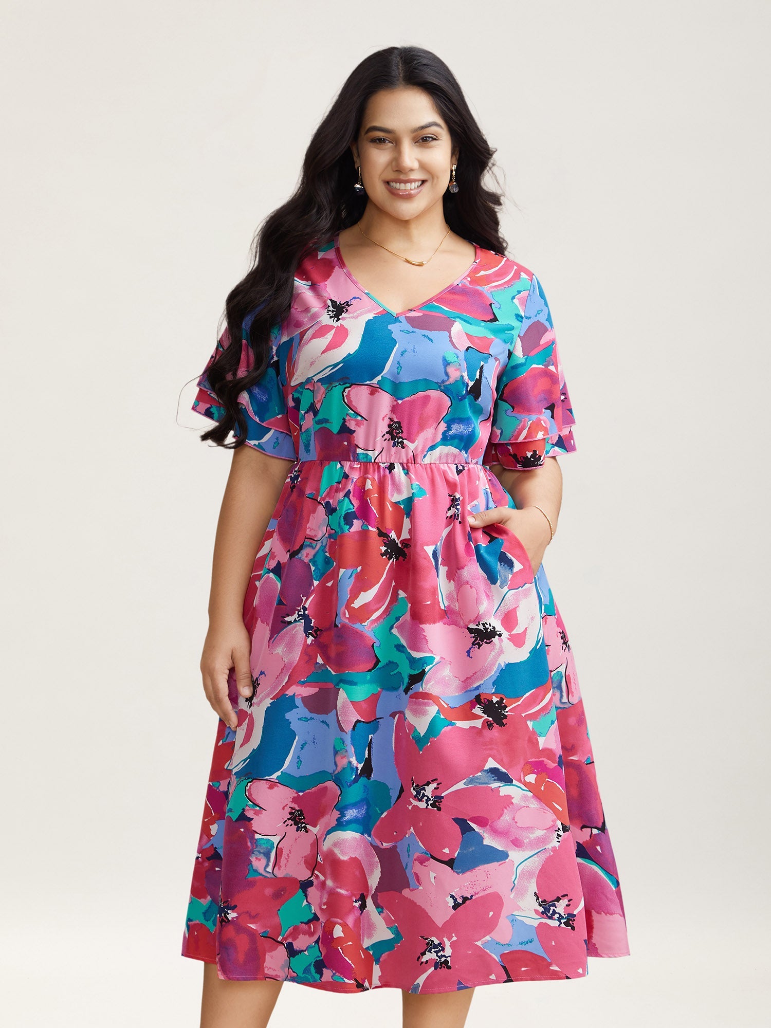 Multi-Color Floral V-Neck Pockets Midi Dress