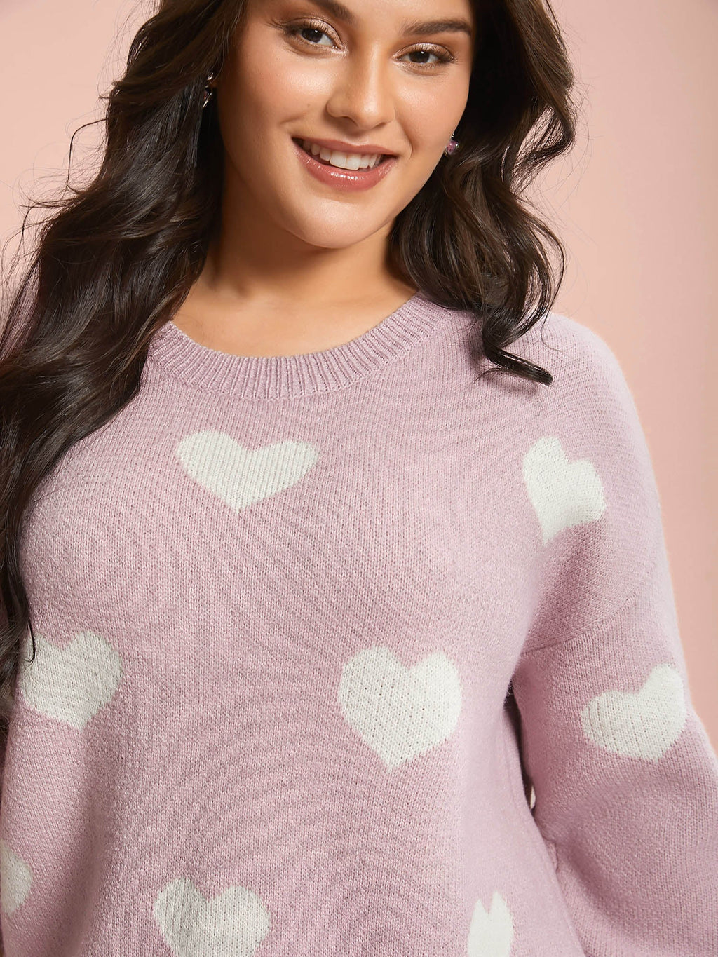 Heart Jacquard Contrast Ribbed Hem Pullover