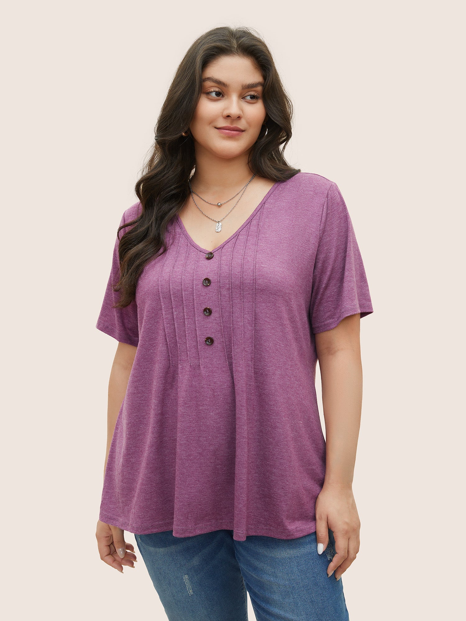Solid Pleated Front Button Detail V Neck T-shirt