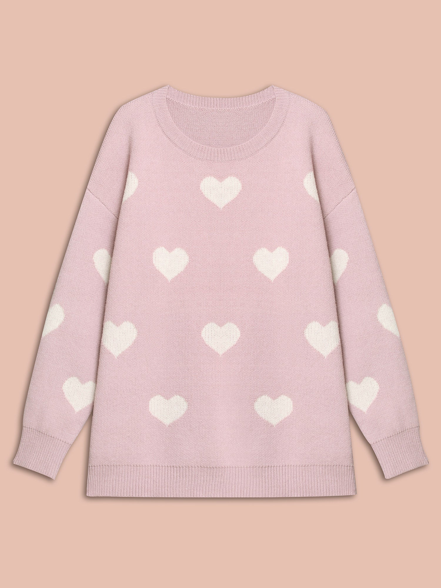 Heart Jacquard Contrast Ribbed Hem Pullover