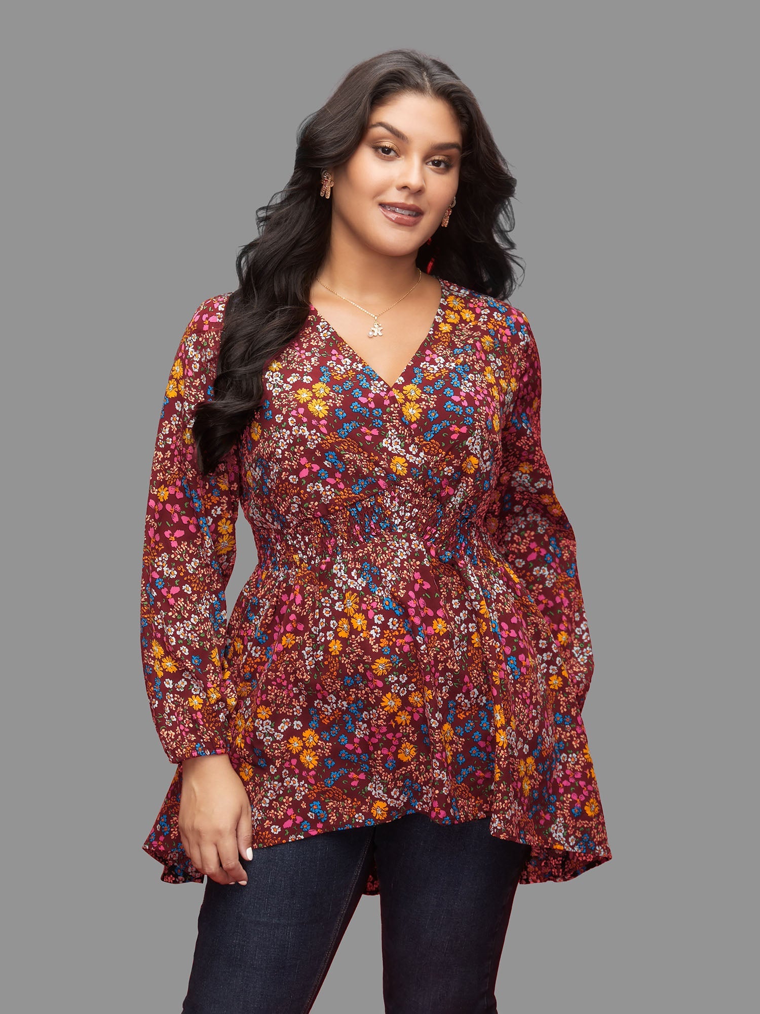 Floral Smocked Waistline Surplice Neck Blouse