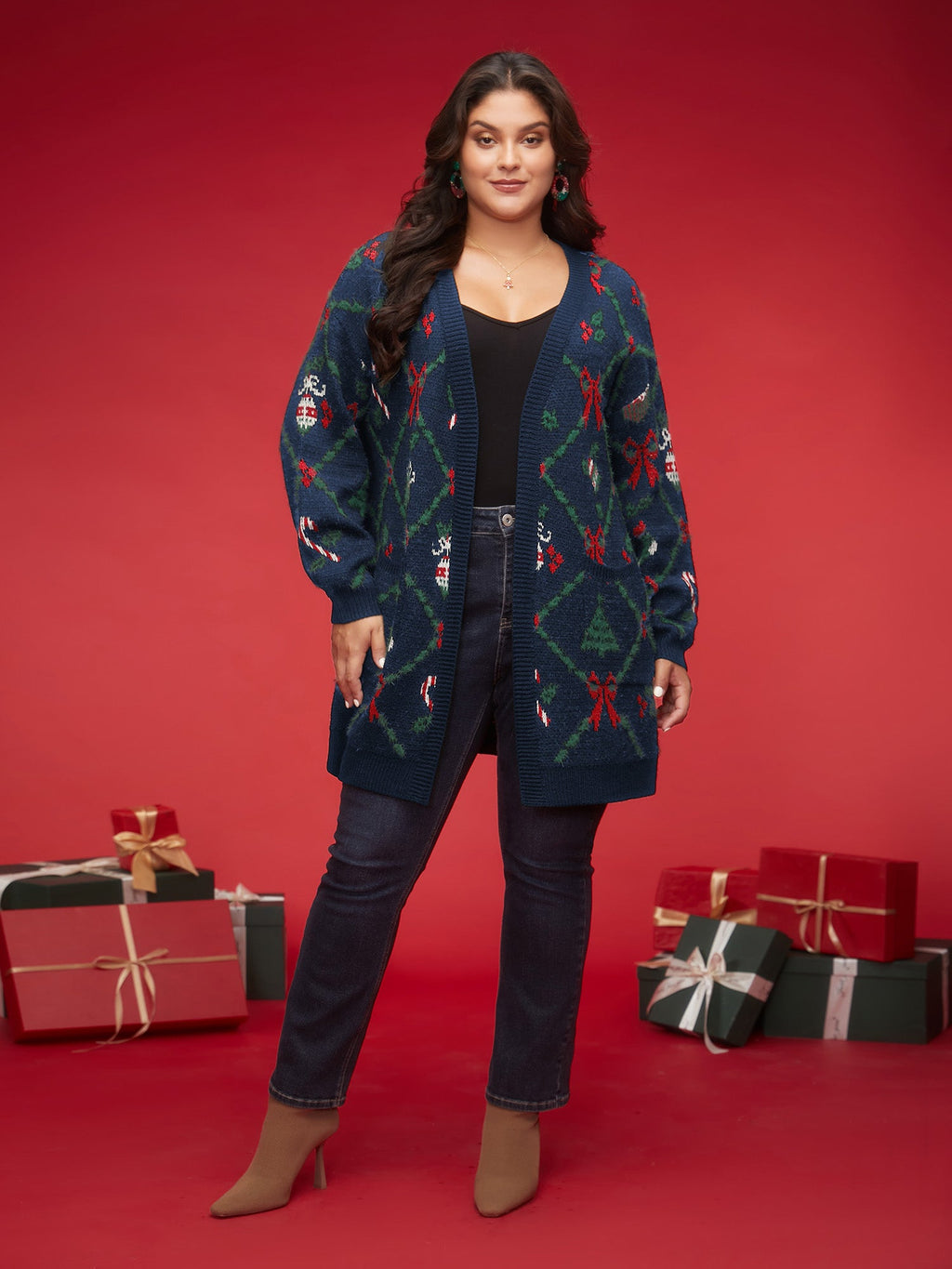 Festive Plaid Pattern Open-Front Cardigan