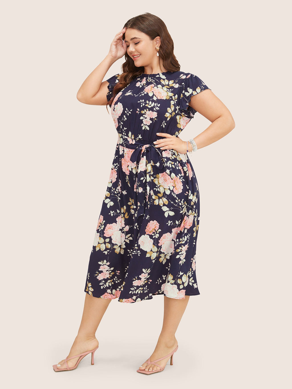 Floral Frill Trim Mock Neck Pocket Ruffle Belted Cap Sleeve Dress