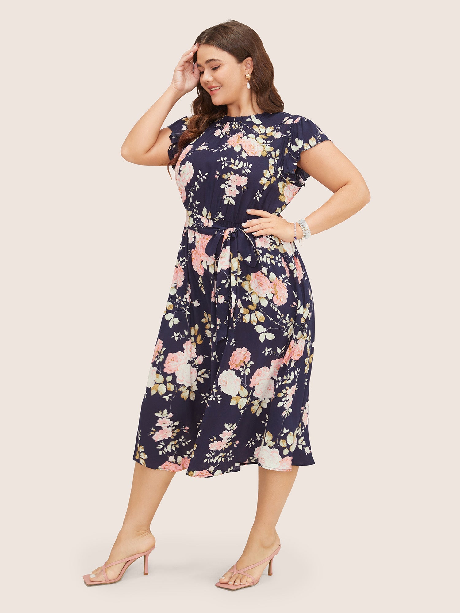 Floral Frill Trim Mock Neck Pocket Ruffle Belted Cap Sleeve Dress