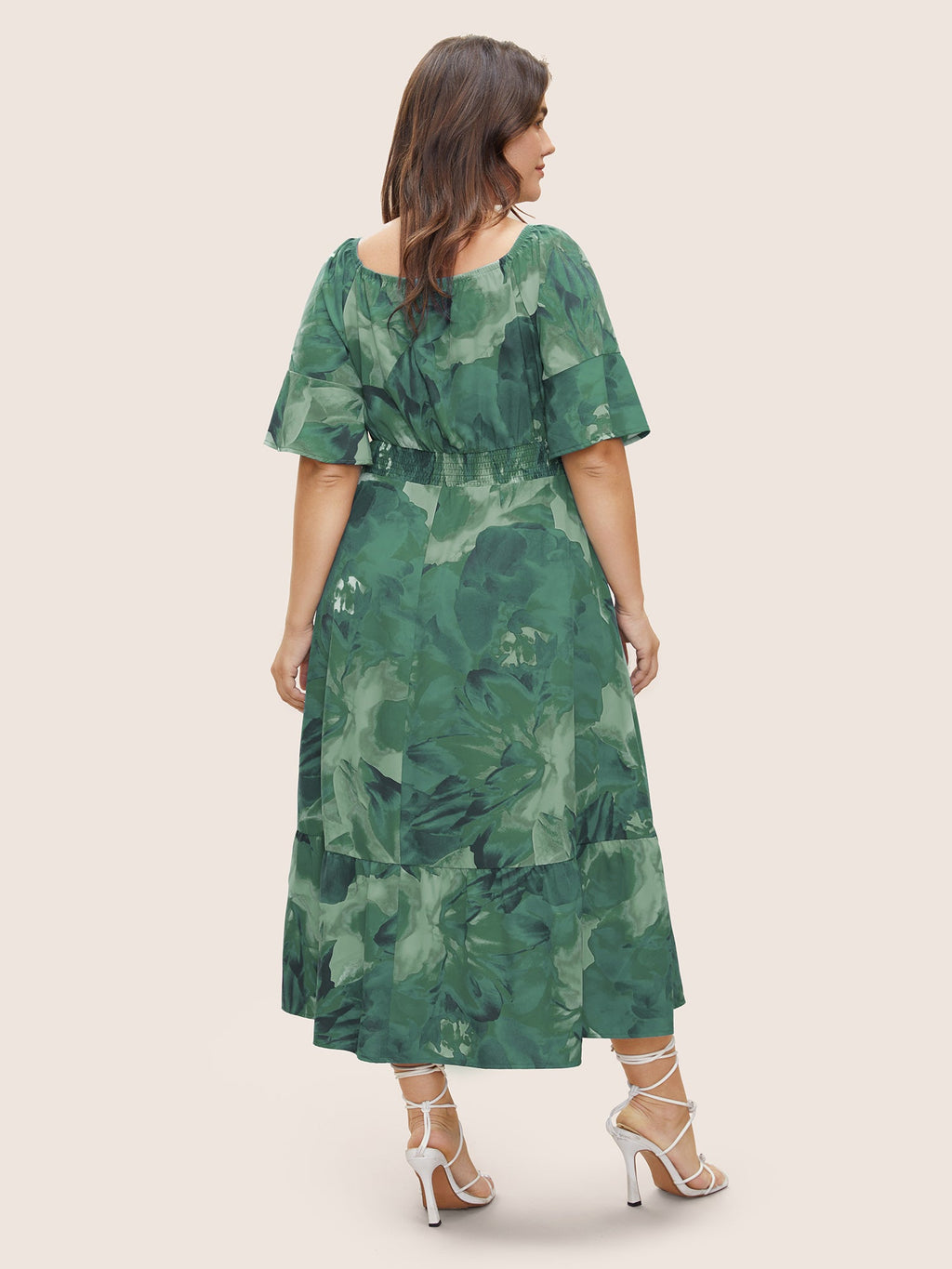 Square Neck Floral Shirred Ruffle Sleeve Dress