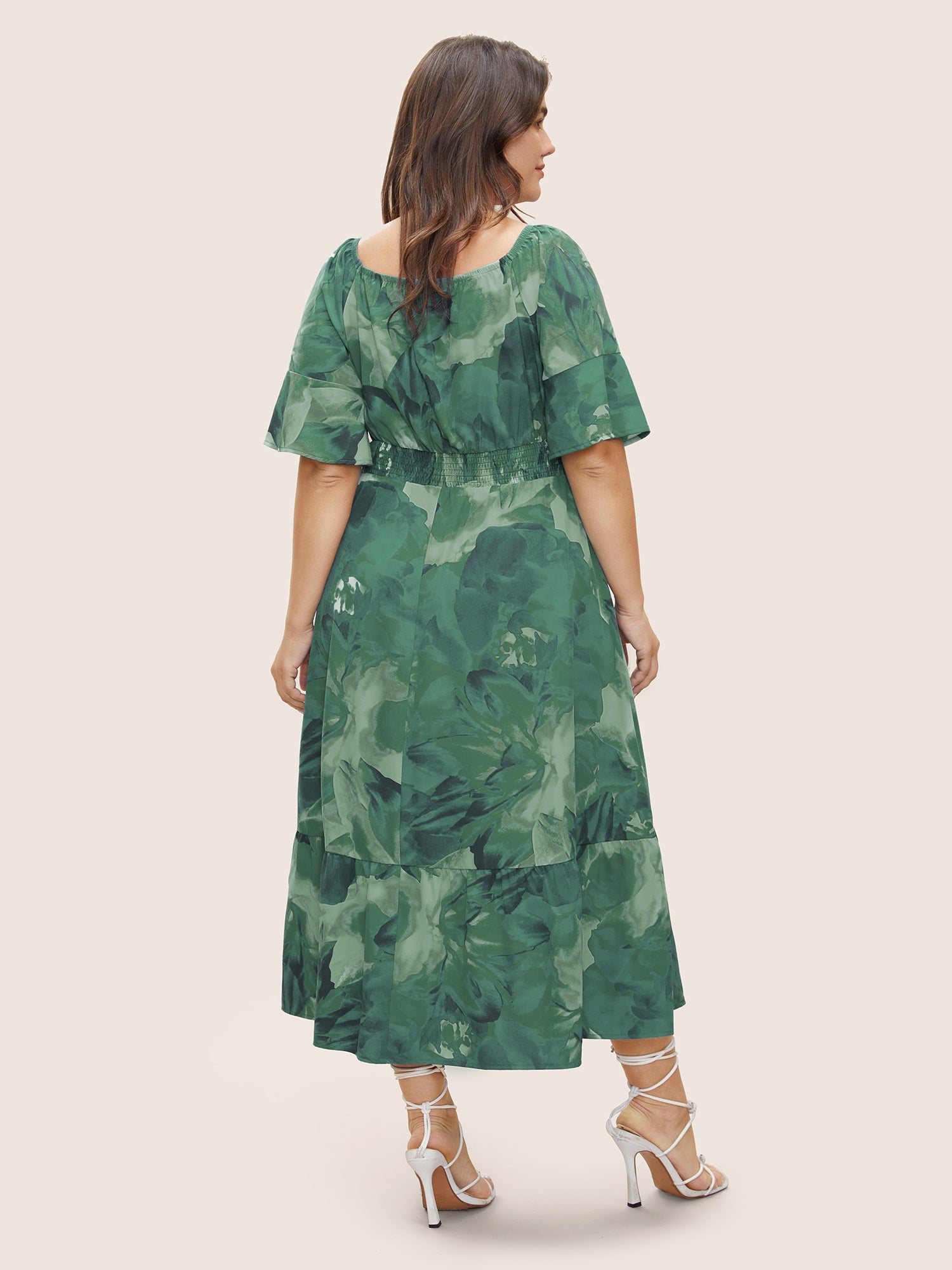 Square Neck Floral Shirred Ruffle Sleeve Dress