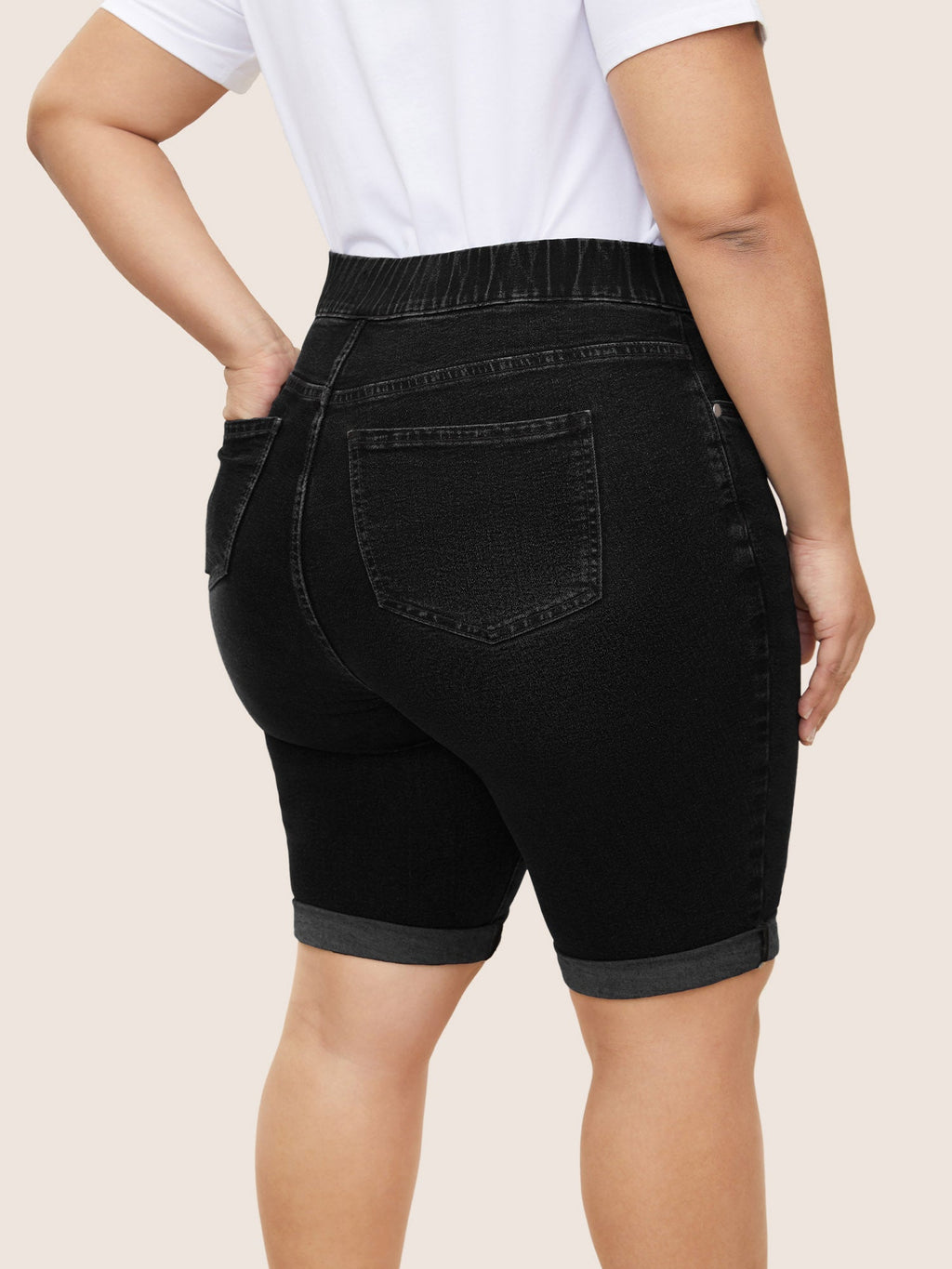 Roll Hem Elastic Waist Dark Wash Denim Shorts