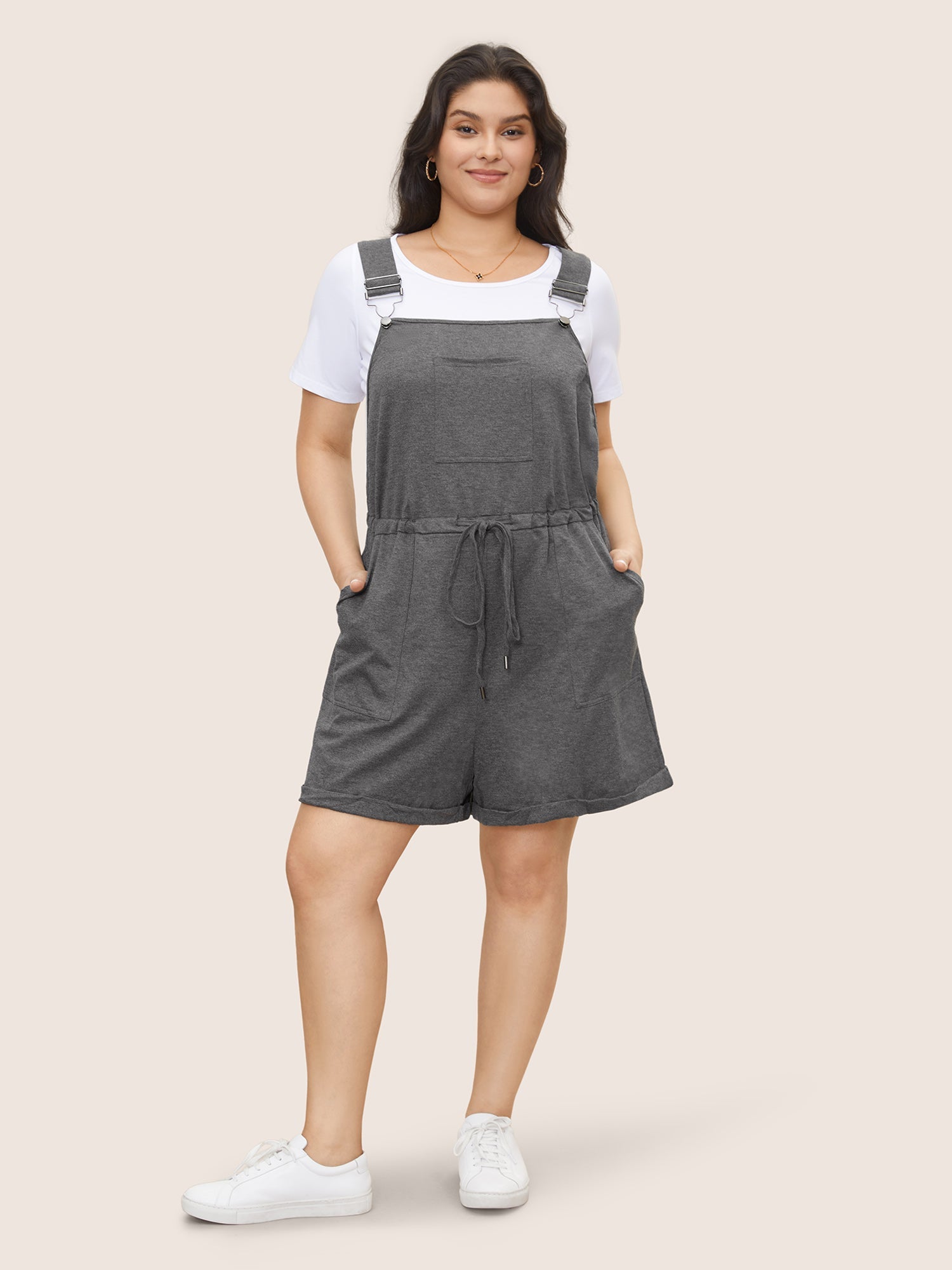 Solid Pocket Drawstring Overall Romper