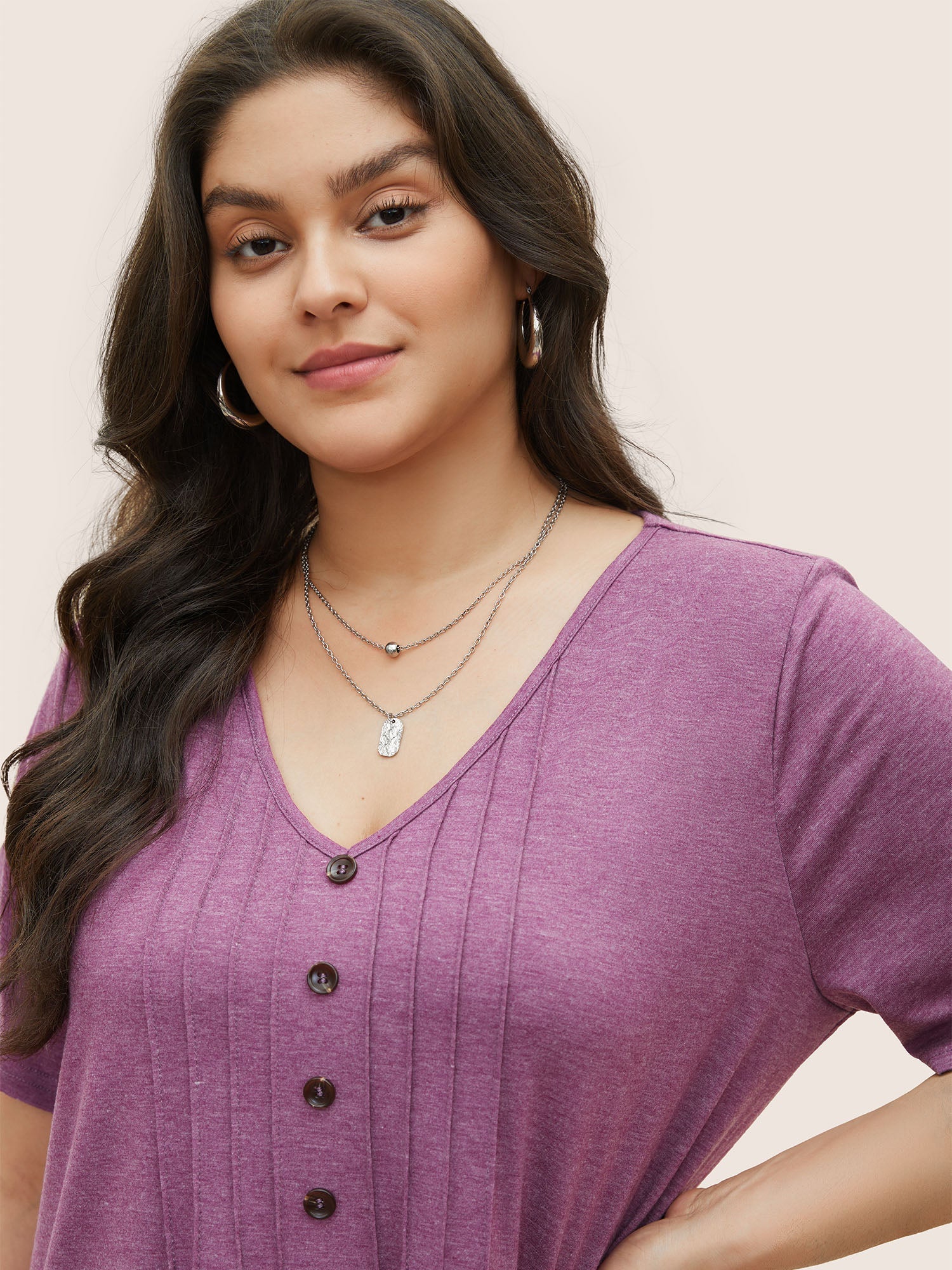 Solid Pleated Front Button Detail V Neck T-shirt