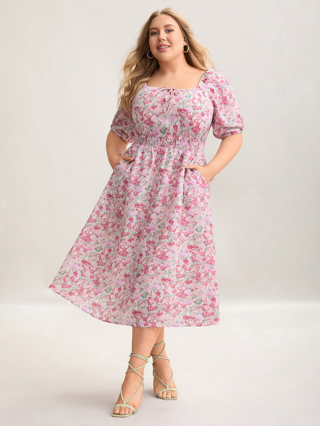 Floral Print Shirred Waist Pockets Midi Dress