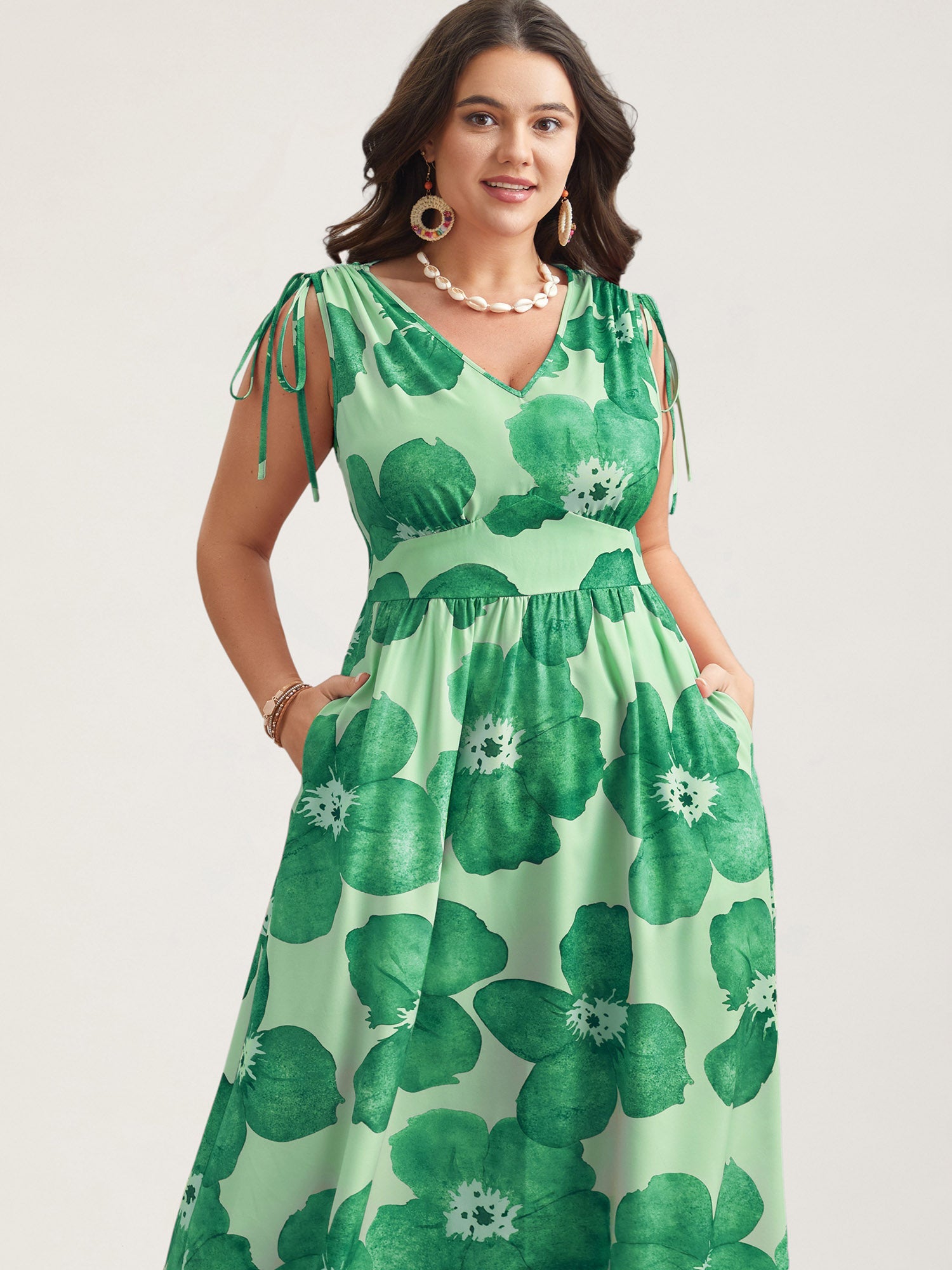 Floral Print V-Neck Tied Midi Dress