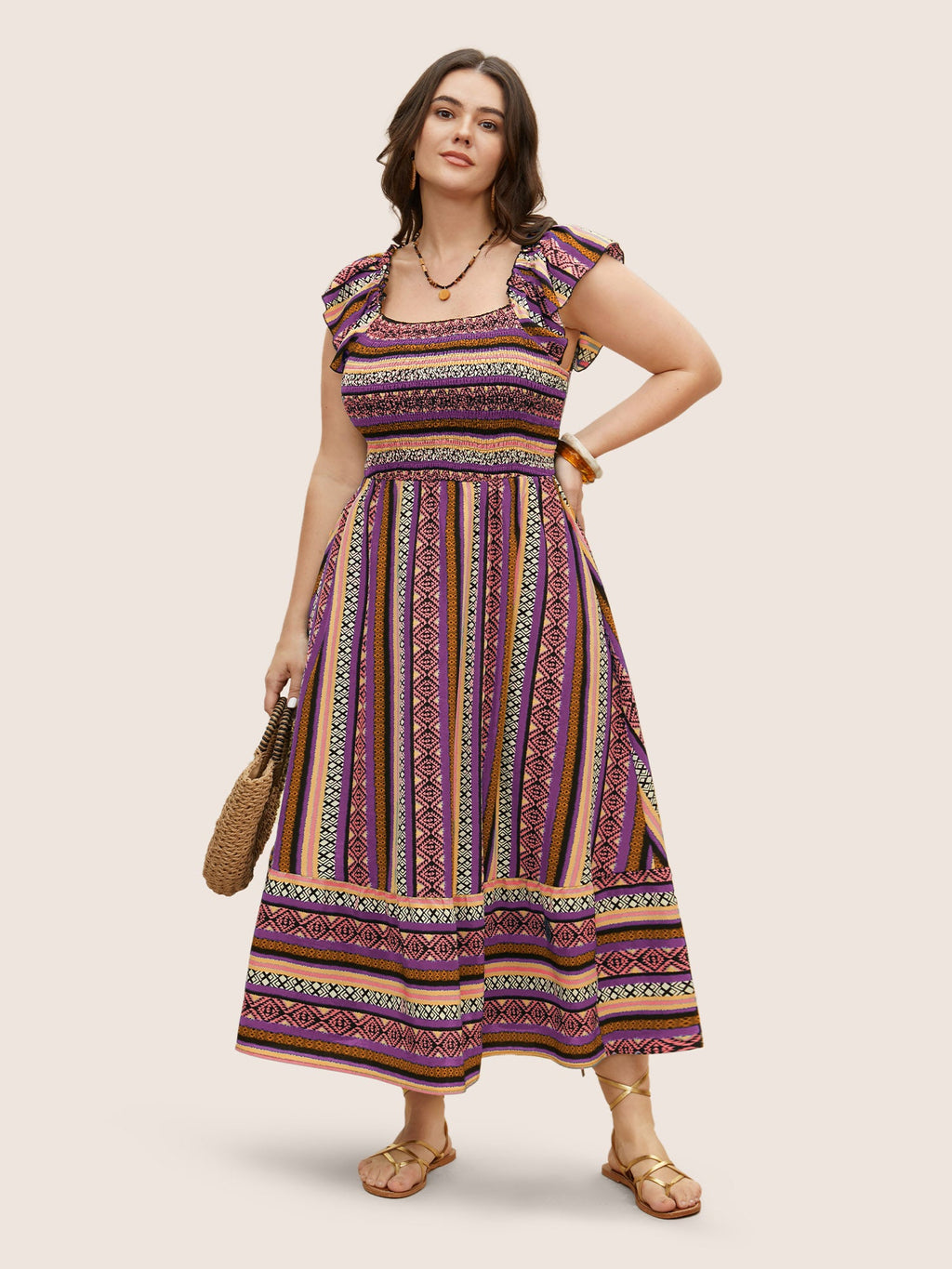 Bandana Striped Shirred Ruffle Trim Dress