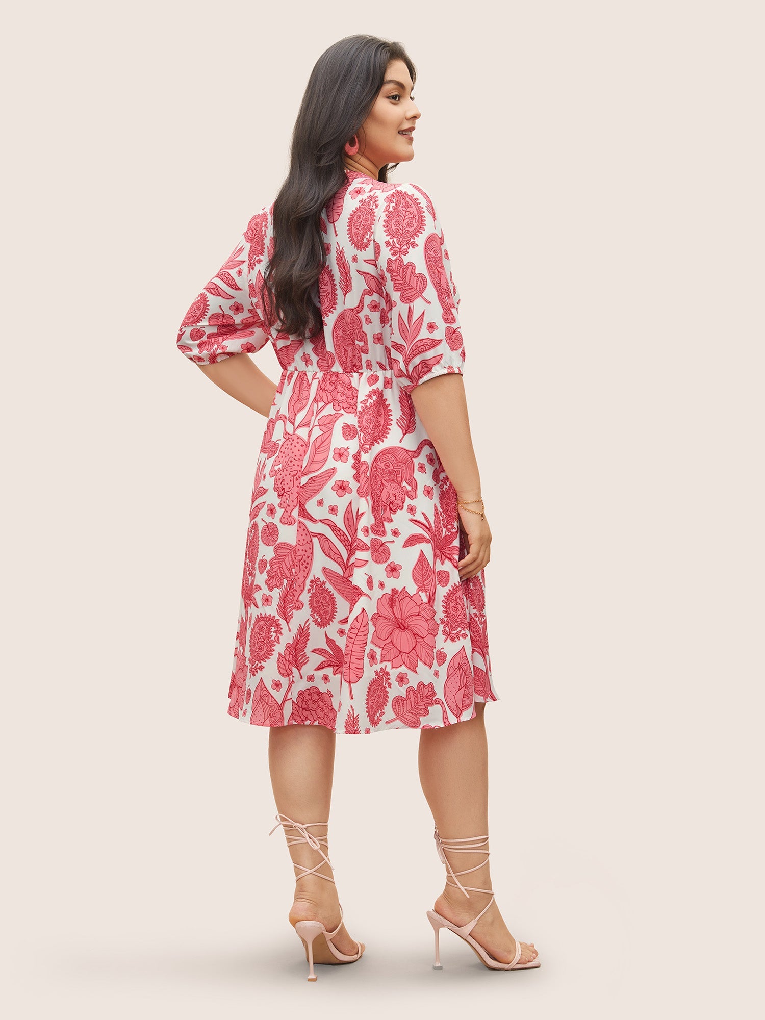 Plants & Animal Print Notched Lantern Sleeve Dress