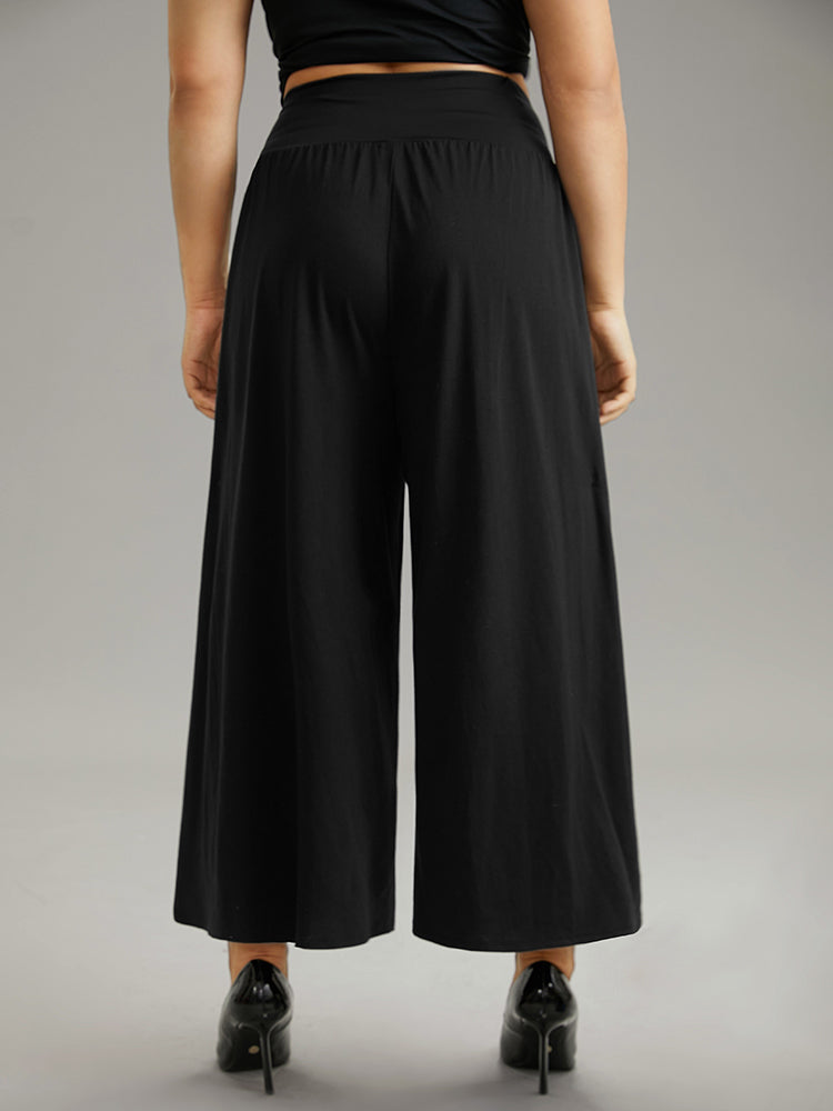 Plain Wrap Hem Wideband Waist Wide Leg Pants