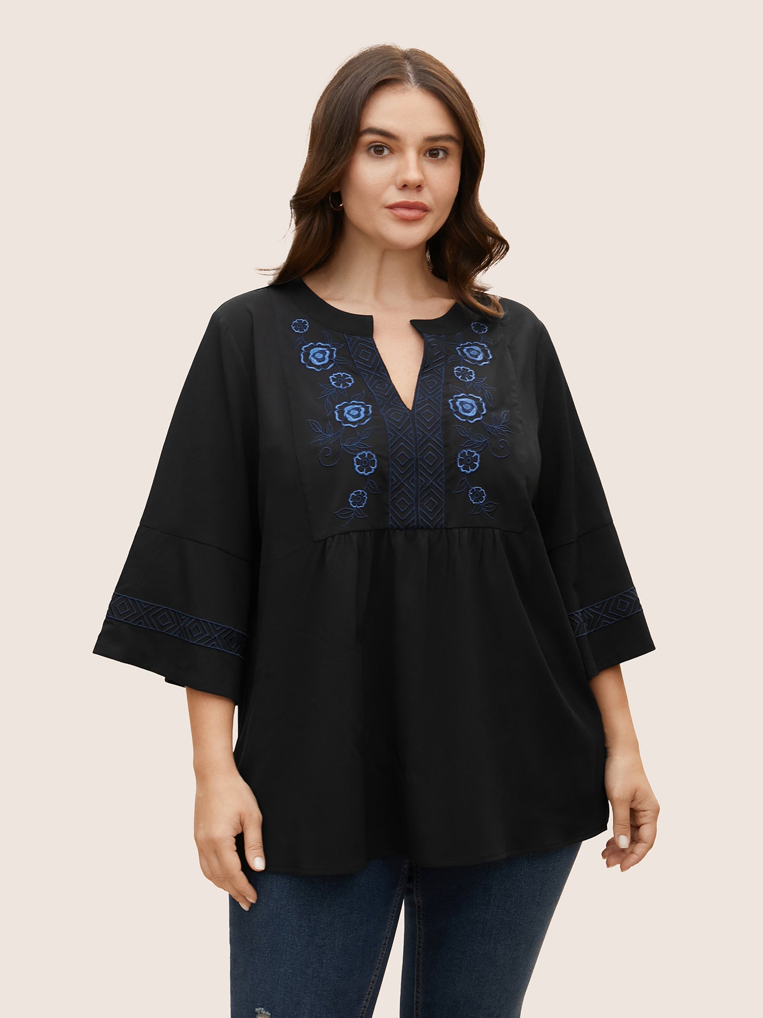 Boho Print Embroidered Gathered Notched Blouse
